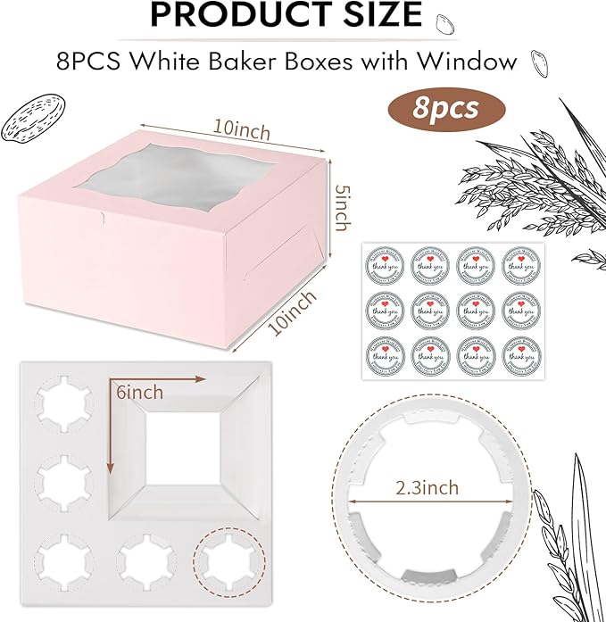 JCD 8 Packs Pink Bento Cake and Cupcake Box 1+5 Bento Box with Clear Window Fit 5 Cupcakes and 1 Mini Cake for Packaging Gift Baked Goods (Pink 1+5/8Pcs)