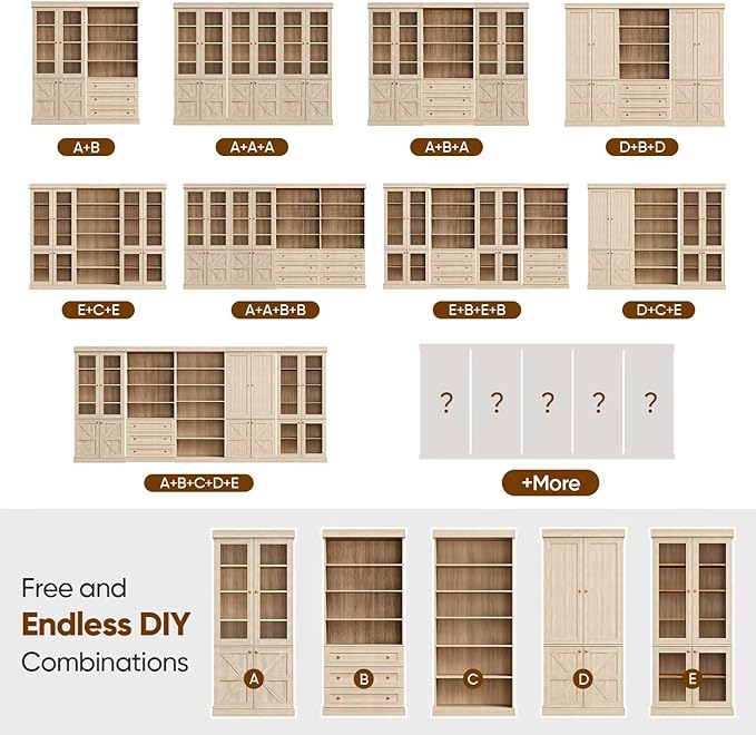 70.8" Tall Farmhouse Bookshelf, Modular Bookcase with Glass Doors, 6-Tier Adjustable Shelves, Large Storage Cabinet for Kitchen, Living Room, Brown, Set of 2