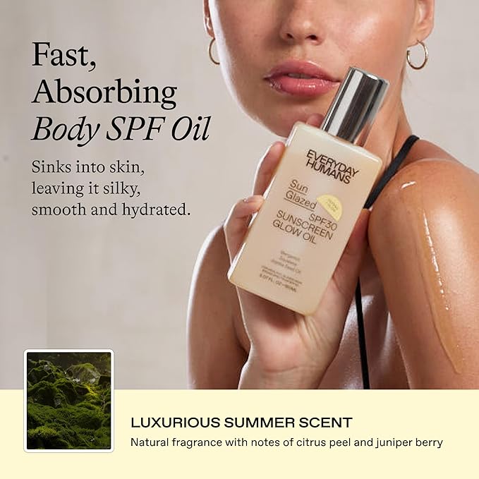 Everyday Humans Sun Glazed SPF30 Sheer Body Glow Oil with Gold Mica | Hydrating Non-Sticky Glowing UV Protection Cruelty Free 5.1 Fl Oz | Bergamot, Squalane, Jojoba Seed Oil | UVA/UVB Broad Spectrum-BrightBean Baby
