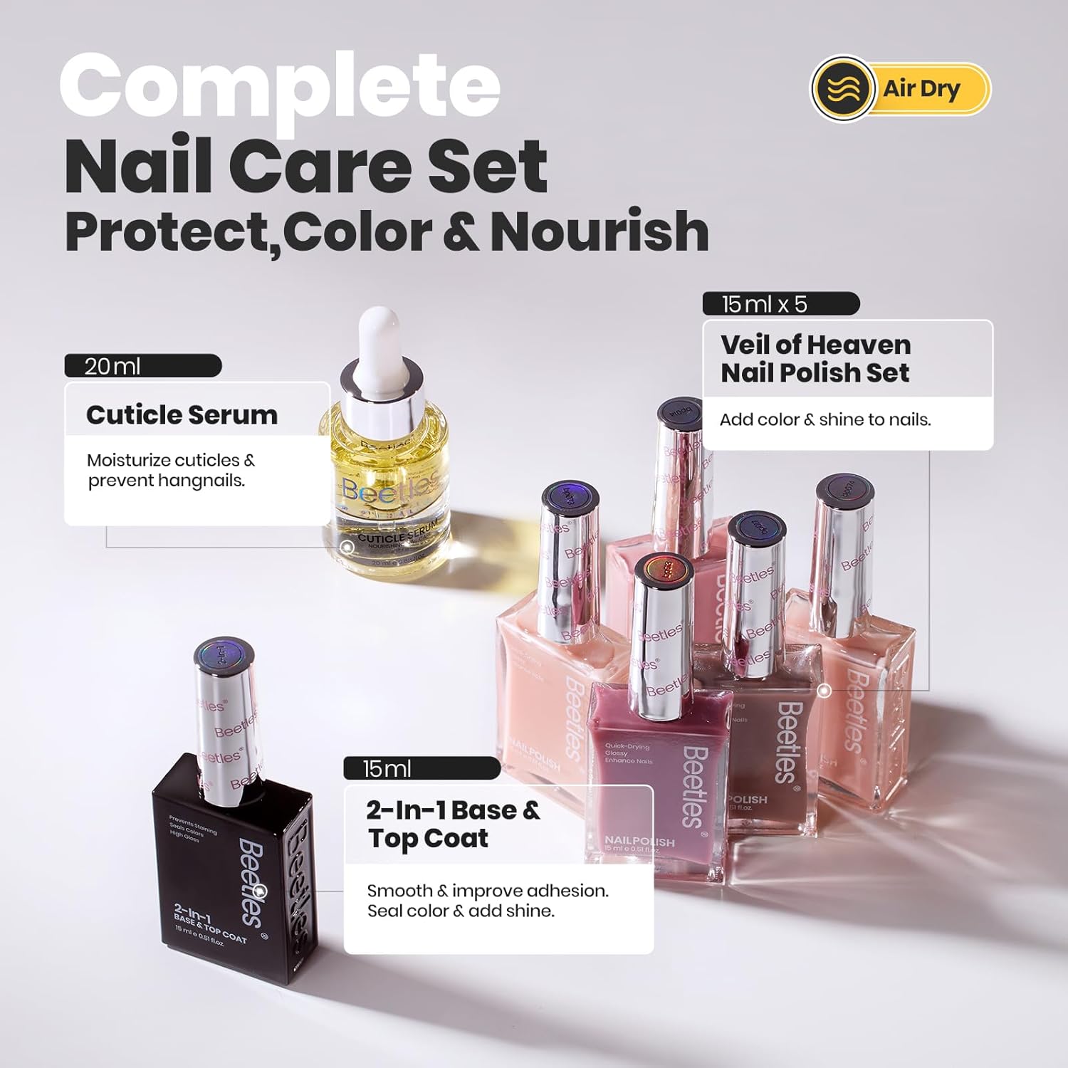 Beetles Pink Nail Polish Set, 5 Colors Nude Pink Jelly Collection Quick Dry Long Lasting Nail Polish Base & Top Coat and Cuticle Serum Kit Spring DIY Care for Nail Home Gift Sets For Women-BrightBean Baby