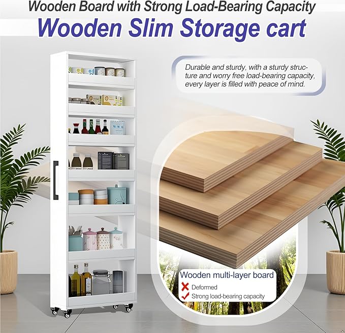 7-Tier Slim Storage Cart, Wooden Rolling Pantry Cabinet with Wheels, Narrow Shelf Organizer for Kitchen, Bakers Rack, Dining Room, Closet, Small Spaces Gray 47.2" H*9.8" W*16.9" D