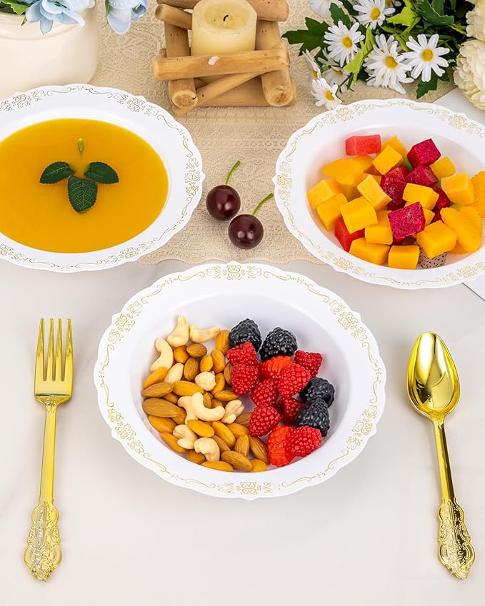 50 Pack White Plastic Bowls with Gold Rim, 12oz Disposable Soup Bowl, Heavy Duty Dinner Bowls for Party, Weddings, Dinners, Catering and Everyday Use