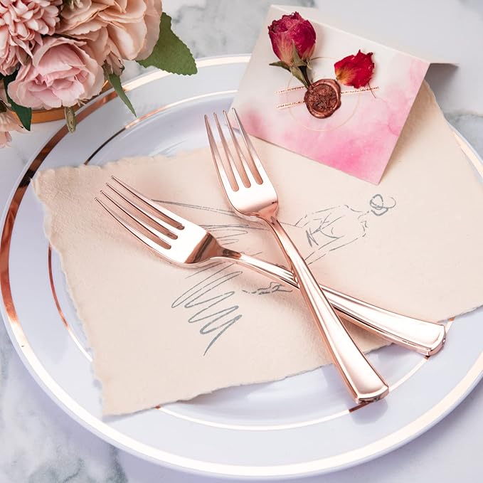 Liacere 200 Pack Rose Gold Disposable Forks - 7.4 Inch Heavy Duty Plastic - Rose Gold Silverware for Catering, Parties, Dinners, Weddings & Mother's Day