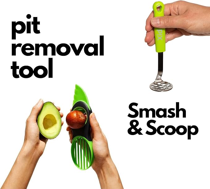 2pc Avocado Tool Set in Box - 3-in-1 Avocado Slicer with Cutter & Pit Remover + Mini Masher - Kitchen Utensil Gift Set for Guacamole Lovers by Xidgets (Zippy Green/Zippy Green)