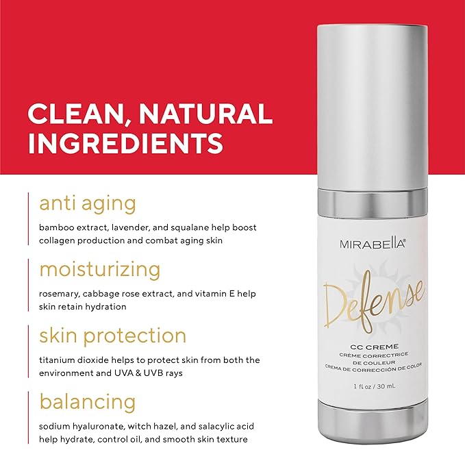 Mirabella Defense CC Creme Full Coverage Foundation with SPF 20, CC Cream Foundation with Sunscreen & Hyaluronic Acid, Oil Control with Salicylic Acid - Light-BrightBean Baby