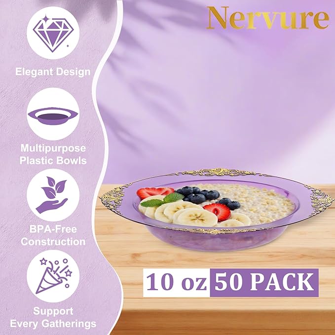 Nervure 50PCS Purple Plastic Bowls with Gold Rim - 12oz Disposable Soup Bowls, Heavy Duty Salad Dessert Bowl Perfect For Weddings, Parties and Everyday Use