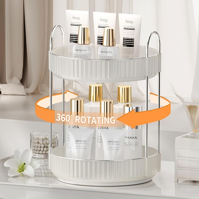 Rotating Makeup Organizer for Vanity, 2 Tier High-Capacity Skincare & Makeup Storage, Perfume Organizer, Cosmetic Dresser, Countertop 360 Spinning-BrightBean Baby