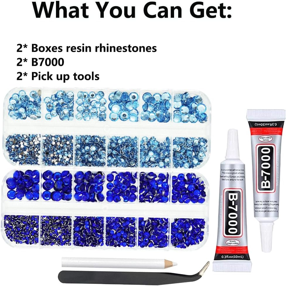 Light and Dark Blue Rhinestones with Glue(S8-S30) for Bedazzling,2mm-6mm Non-Hotfix Flatback Nail Gems Beads Baby and Navy Blue Gems Diamonds Kit, Nail Gems Beads for Bedazzling Crafts, DIY Art-BrightBean Baby