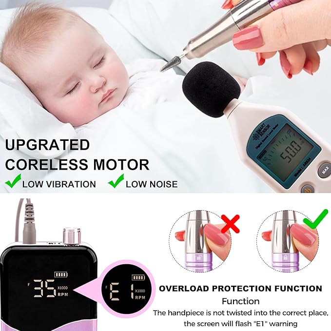 M Mase- Professional Nail Drill Machine - Coreless 2-in-1 Nail File - Electric, Cordless, 35000 RPM, HD Display - Electric Nail Drill for Professional & Home Use (Pink Gold)-BrightBean Baby
