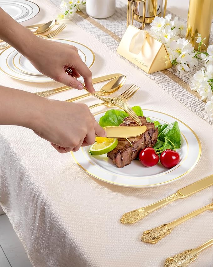 bUCLA 300PCS Gold Plastic Silverware Disposable - Heavy Duty Plastic Cutlery - Gold Disposable Utensils Set - Include 100 Knives, 100 Forks, 100 Spoons for Party & Thanksgiving
