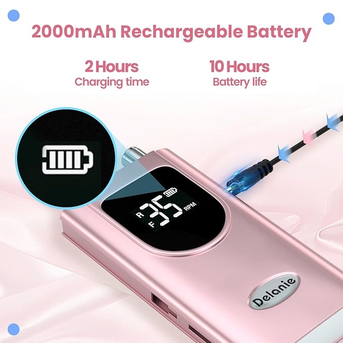 Delanie Professional Nail Drill High Torque 35000 RPM Rechargeable Portable Electric Nail File Filer for Acrylic Gel with Cuticle Bits, Salon Manicure Tool, Rose Gold-BrightBean Baby