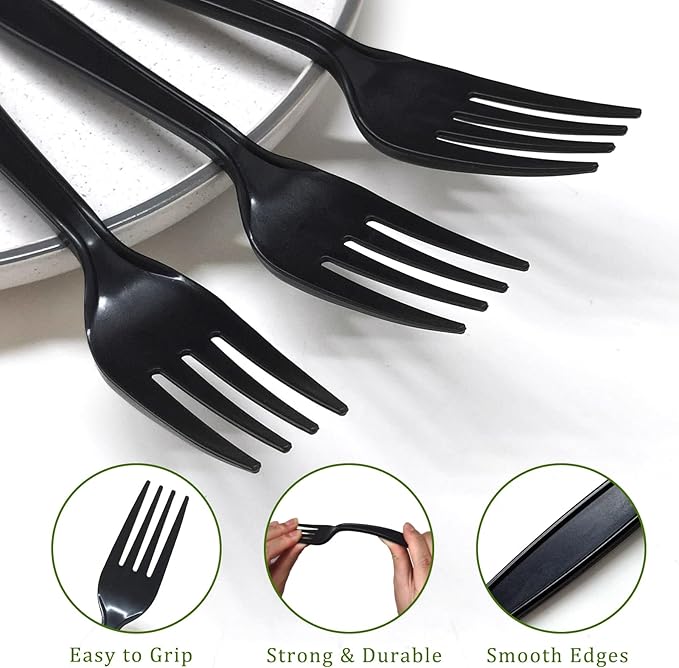 300 Count Compostable Forks, Non Plastic Forks, Black Disposable Forks, Heavy Duty Plastic Silverware, Eco Friendly Compostable Utensils for Party Wedding Picnic