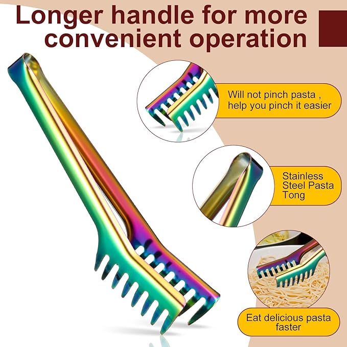 Patelai 2 Pcs Stainless Steel Pasta Spoon with Teeth Large Spaghetti Utensil, 9.4'' Tong and 13.6'' Pasta Fork with Vacuum Handle, Comfortable Grip Design Spoons for Kitchen(Colorful)