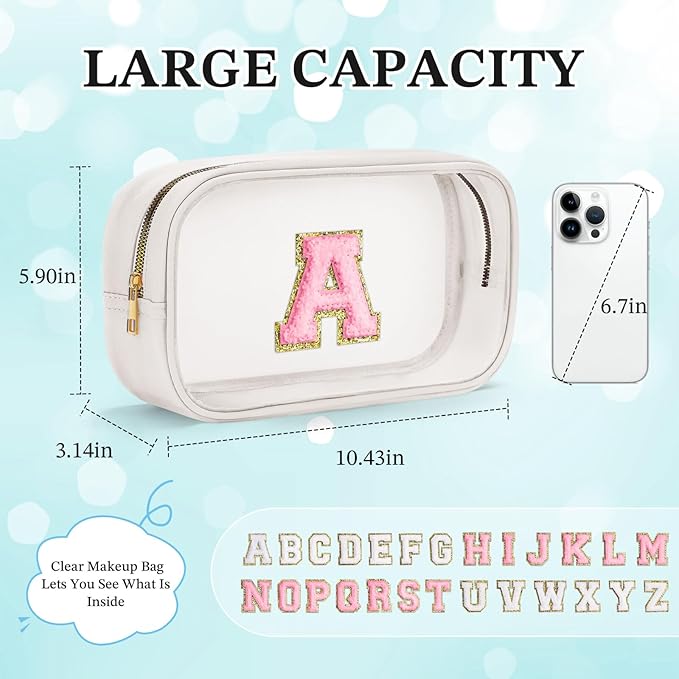 YOOLIFE Initial Makeup Bag Travel Toiletry Bag Clear Makeup Bag Preppy Cosmetic Bag Gifts for Girls Kids Graduation Gifts Birthday Gifts for Girls Kids Birthday Gifts Swim Gifts White L-BrightBean Baby