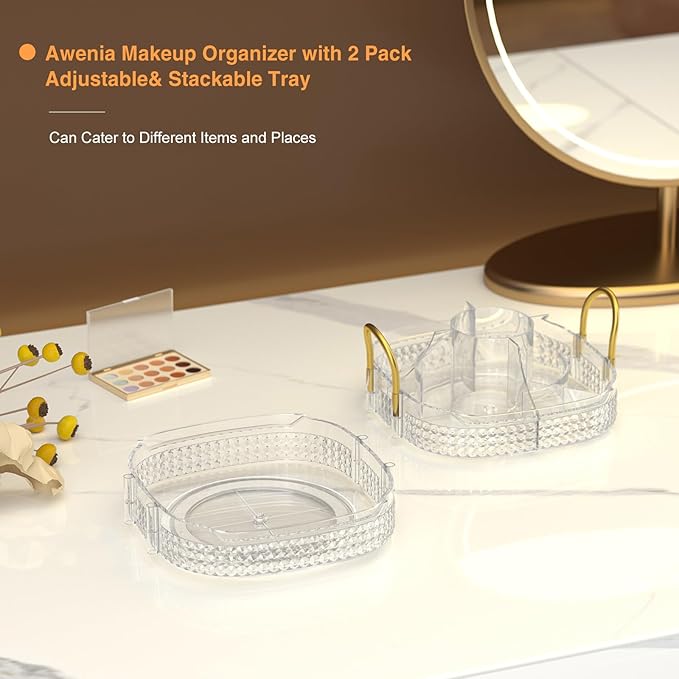 Awenia Rotating Makeup Organizer 360, Stackable Adjustable Large Capacity Cosmetic Storage Unit,Dresser Bathroom Kitchen Countertop Organizer with Metal Handle, Plus Size (Clear, 2 Tier)-BrightBean Baby