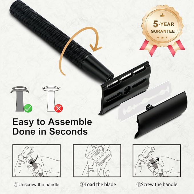 Double Edge Safety Razor with Stand, Single Blade Razors for Men and Women, Reusable Metal Razor, with 10 Stainless Steel Double Edge Blades, Smooth and Close Shave, Plastic Free, Matte Black-BrightBean Baby