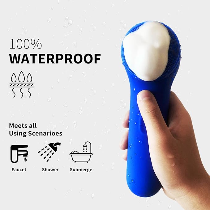 Premium Face Scrubber, Deep Pore Cleansing Brush, Waterproof & Rechargeable Face Scrub Brush for Men& Women, Electric Facial Exfoliator with 3 Brushes, 3 Intensities, 2 Modes with Eye Rollor - Azure-BrightBean Baby