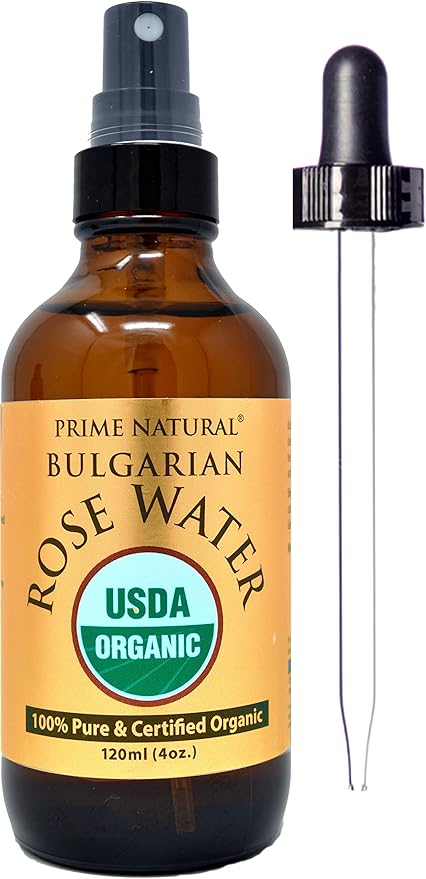 PRIME NATURAL Rose Water Spray 4oz/120ml, USDA Certified Organic, Facial Toner, Hydrating Mist for Face & Hair - Bulgarian, 100% Pure, Natural, Preservative-Free, Moisturizer from Fresh Rose Petals-BrightBean Baby