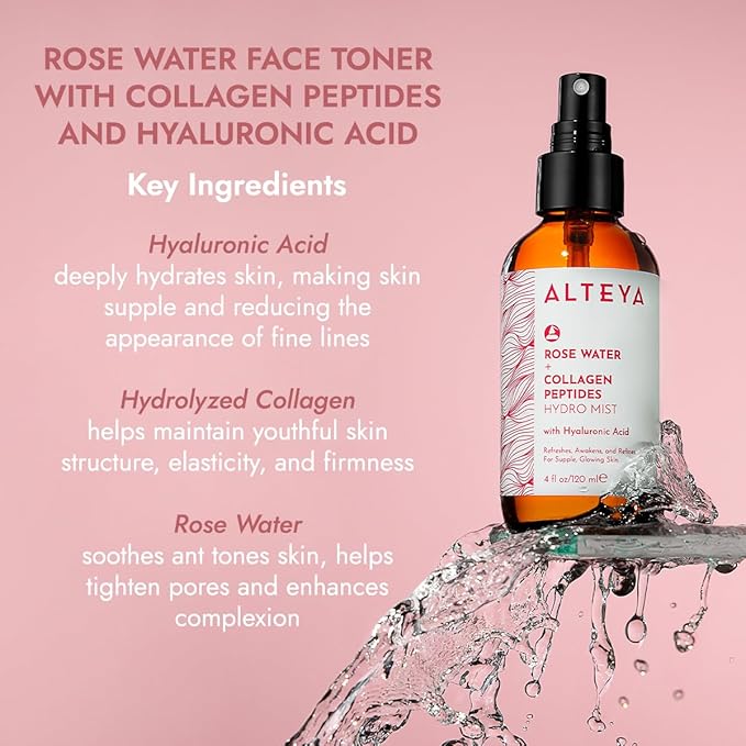 Alteya Organics Rose Water Face Toner – With Collagen Peptides & Hyaluronic Acid – Hydrating Facial Mist for Anti-Aging, Firming & Radiant Skin – 4 Fl Oz / 120mL-BrightBean Baby