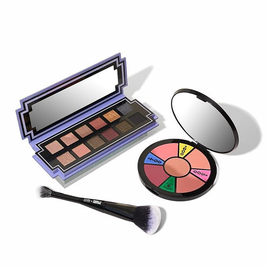 LAURA GELLER NEW YORK Wheel fo Fortune Eye and Cheek Palette Kit - Prizewinnig Eyes Eyeshadow Palette + Face the Day Blush Palette + Dual-Ended Brush-BrightBean Baby