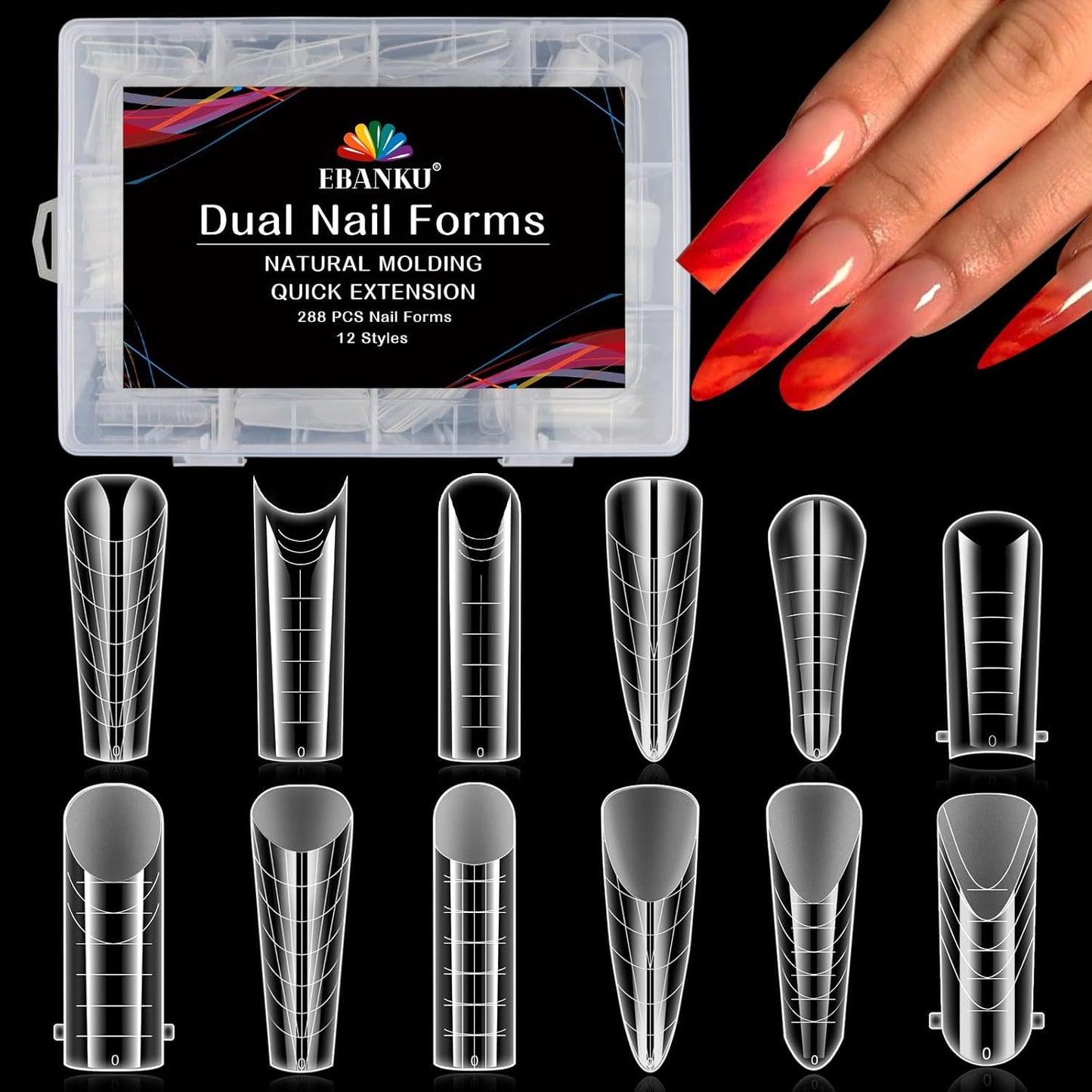 EBANKU Dual Forms for Poly Nail Gel 288PCS Dual Nail Forms Molds Stiletto Coffin Ballerina Acrylic Nail Tips 12 Shapes for Builder Gel Manicure Nail Art Design Salon DIY at Home-BrightBean Baby