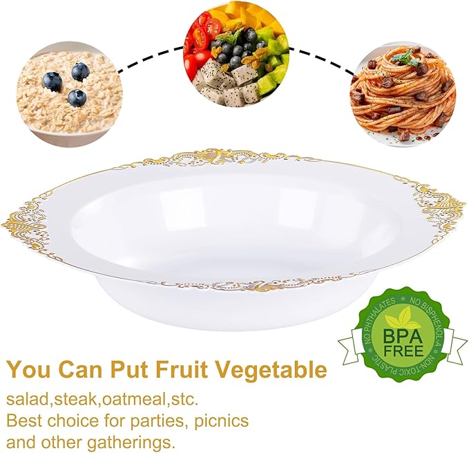 Nervure 50 Pack White Plastic Bowls with Gold Rim - 12oz Disposable Soup Bowls - Heavy Duty Dessert Bowl, Salad Bowl Perfect for Weddings, Parties, Thanksgiving and Everyday Use