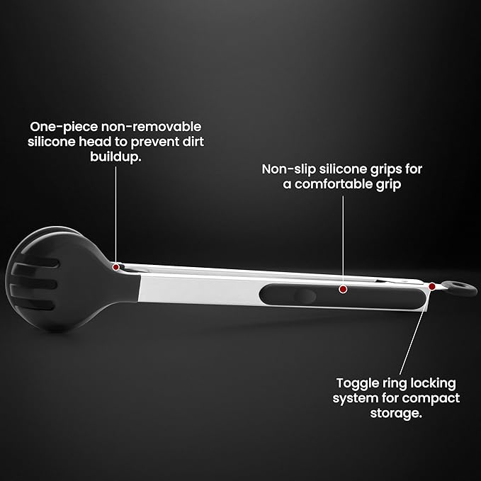 12 Inch Kitchen Tongs for Cooking, 600ºF Heat Resistant Cooking Tongs with Silicone Tip & Measure Spoon, 2-in-1 Silicone Tong for Tossing Salad, Serving Food, Non-Stick & Dishwasher Safe (Black)