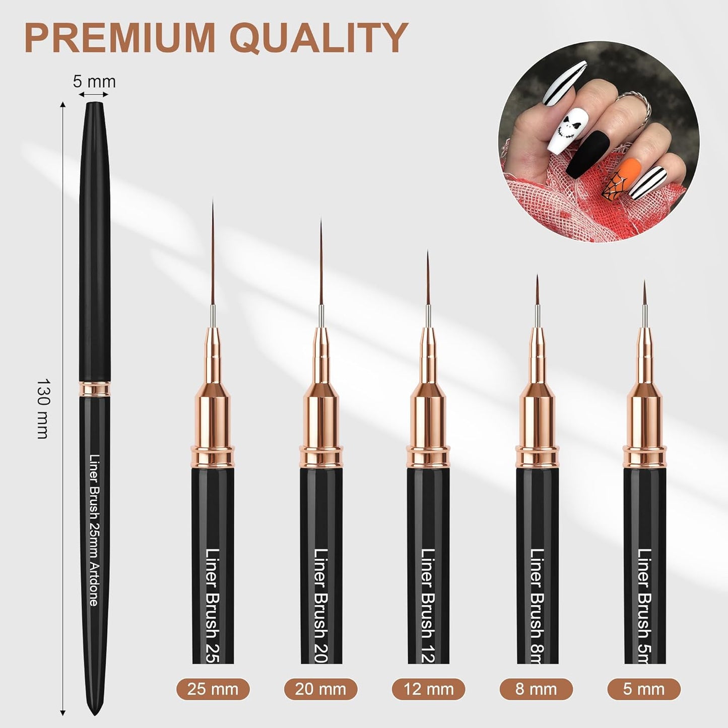 Artdone Metallic Nail Art Pens, Liner Brushes Set, 5PCS Black Color Nail Tools For Long Lines, Thin Details, Fine Drawing, Liner Brush UV Gel Polish Painting Nail Design Sizes 5/8/12/20/25mm-BrightBean Baby