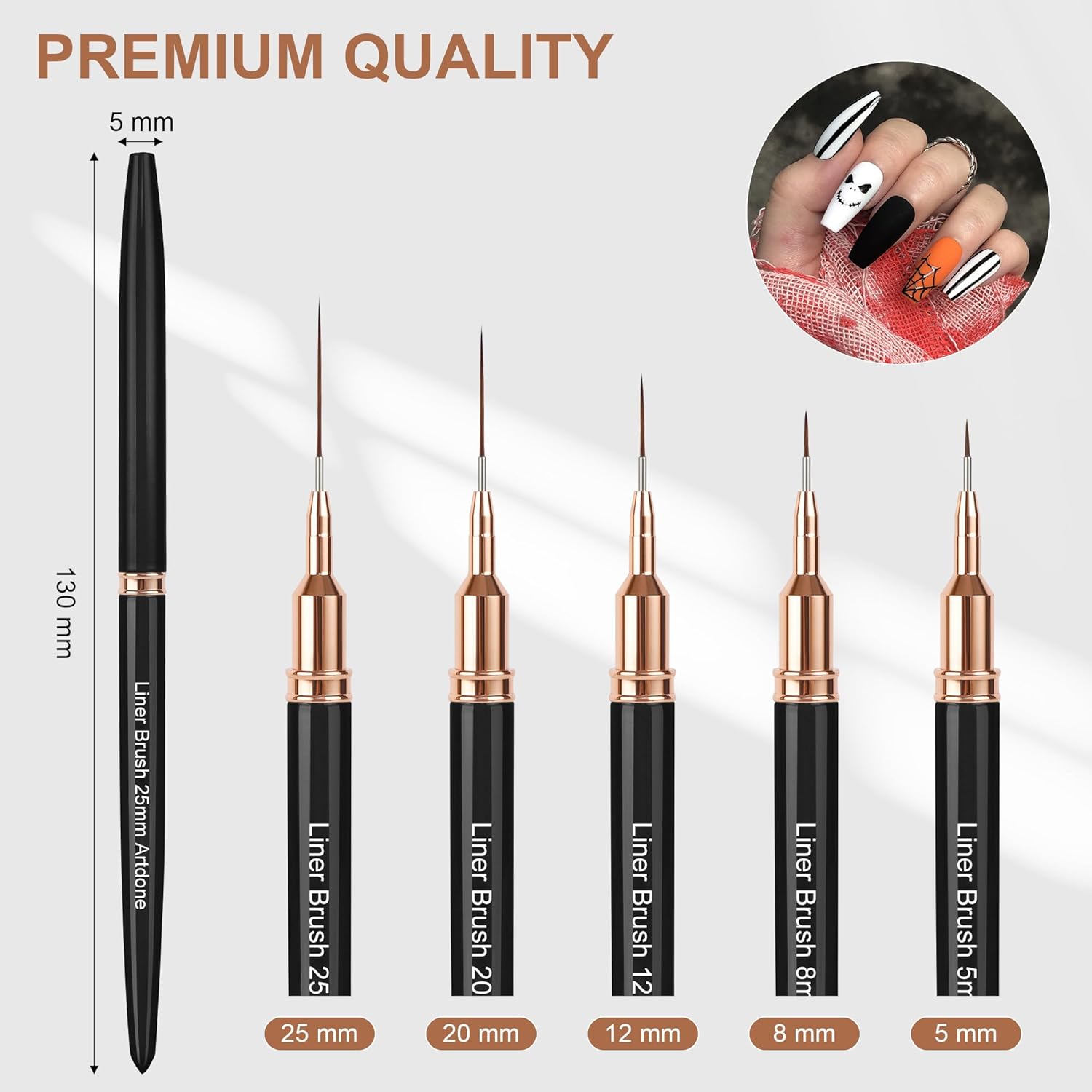 Artdone Metallic Nail Art Pens, Liner Brushes Set, 5PCS Black Color Nail Tools For Long Lines, Thin Details, Fine Drawing, Liner Brush UV Gel Polish Painting Nail Design Sizes 5/8/12/20/25mm-BrightBean Baby