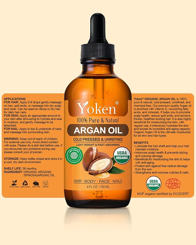 Yoken Organic Argan Oil for Hair 4 Fl Oz, USDA Pure and Natural Morocco Argan Oil, Argon Oil For Hair, Scalp, Face & Skin Care, 100% Cold Pressed Hair Conditioner, Unrefined Argon Nails Carrier Oil-BrightBean Baby