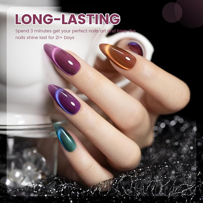 RARJSM Aurora Ceramics Glitter Glass Cat Eye Gel Nail Polish Set 6Pcs Pink Purple Brown Blue Green Shimmer Smoothie Cateye Colorful Galaxy Effect with Magnetic Stick UV LED Curing Require Home Salon-BrightBean Baby