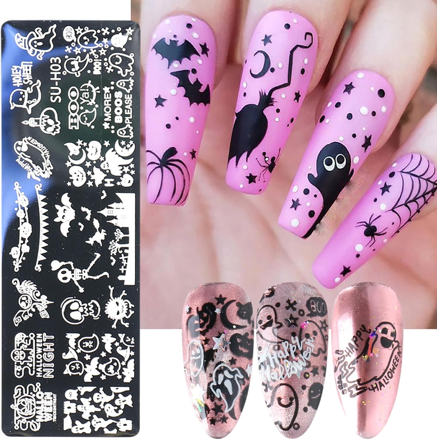 Halloween Nail Stamping Plate Art Stamping Kits DIY Printing Tools with Pumpkin Bat Witch Spider Owl Ghost Face Design Fashion Nail Stamp Art Decoration for Women 6Pcs-BrightBean Baby
