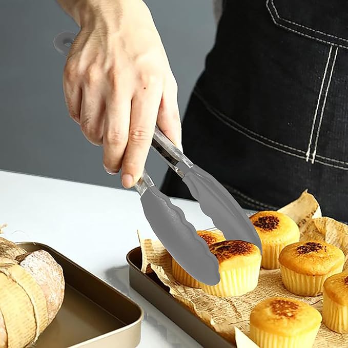 Small Serving Tongs with Silicone Tips 7 Inch Mini Stainless Steel Food Tongs, Set of 3 (Gray)