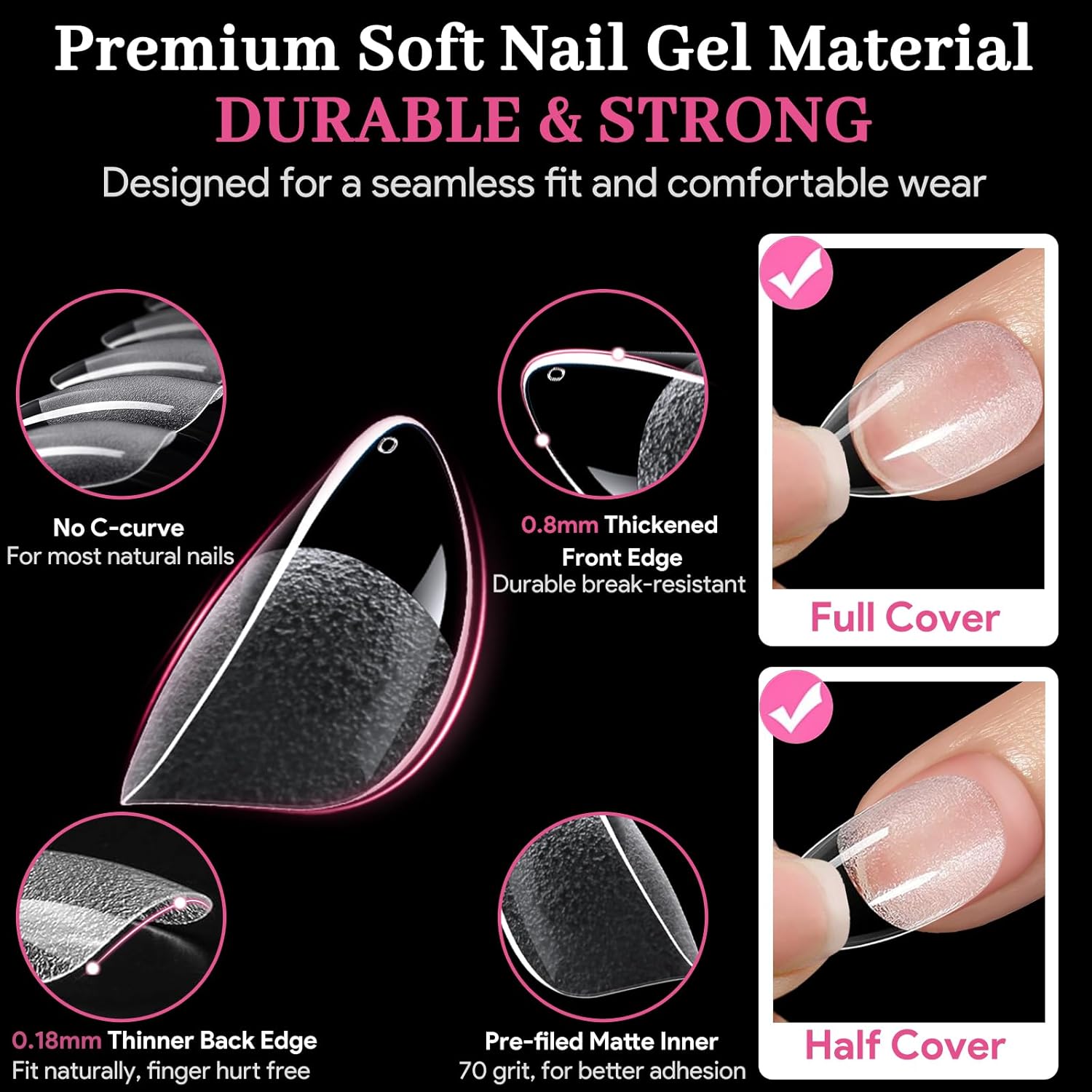 Extra Short Almond False Nail Tips, 15 Sizes 510 PCS Clear Soft Press On Fake Nail Pre-shaped Half Matte Full Cover Gel Nail Tips Extensions Thick Long Lasting for DIY Beginners & Salon Manicure-BrightBean Baby
