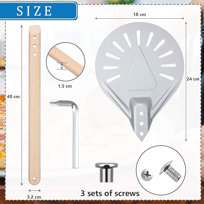 Pizza Turning Peel Perforated Pizza Turner Round Metal Aluminum Turning Peel Paddle with 16 Inch Anti-scalding Non-slip Durable Wooden Handle for Homemade Bread Bakers Oven Accessories(7 Inch)