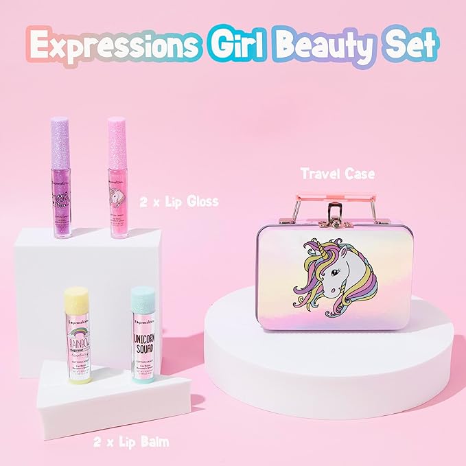 Expressions - 5pc Cosmetics Lip Kit For Kids w/Lip Glosses, Lip Balms & Tin Box Storage Case,I Believe in Unicorns Hologrpahic,Washable + Non Toxic-BrightBean Baby
