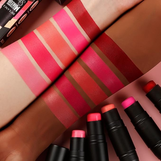 Matte Blush Stick with Built in Brush for Cheeks Summer,Ultra Pigmented Color Pop Makeup Dark Red Blush for Cheeks/Lip/Eyes,DE’LANCI Makeup Gifts for Women/Girl,Travel Size Cute Blush,Cruelty-Free #5-BrightBean Baby