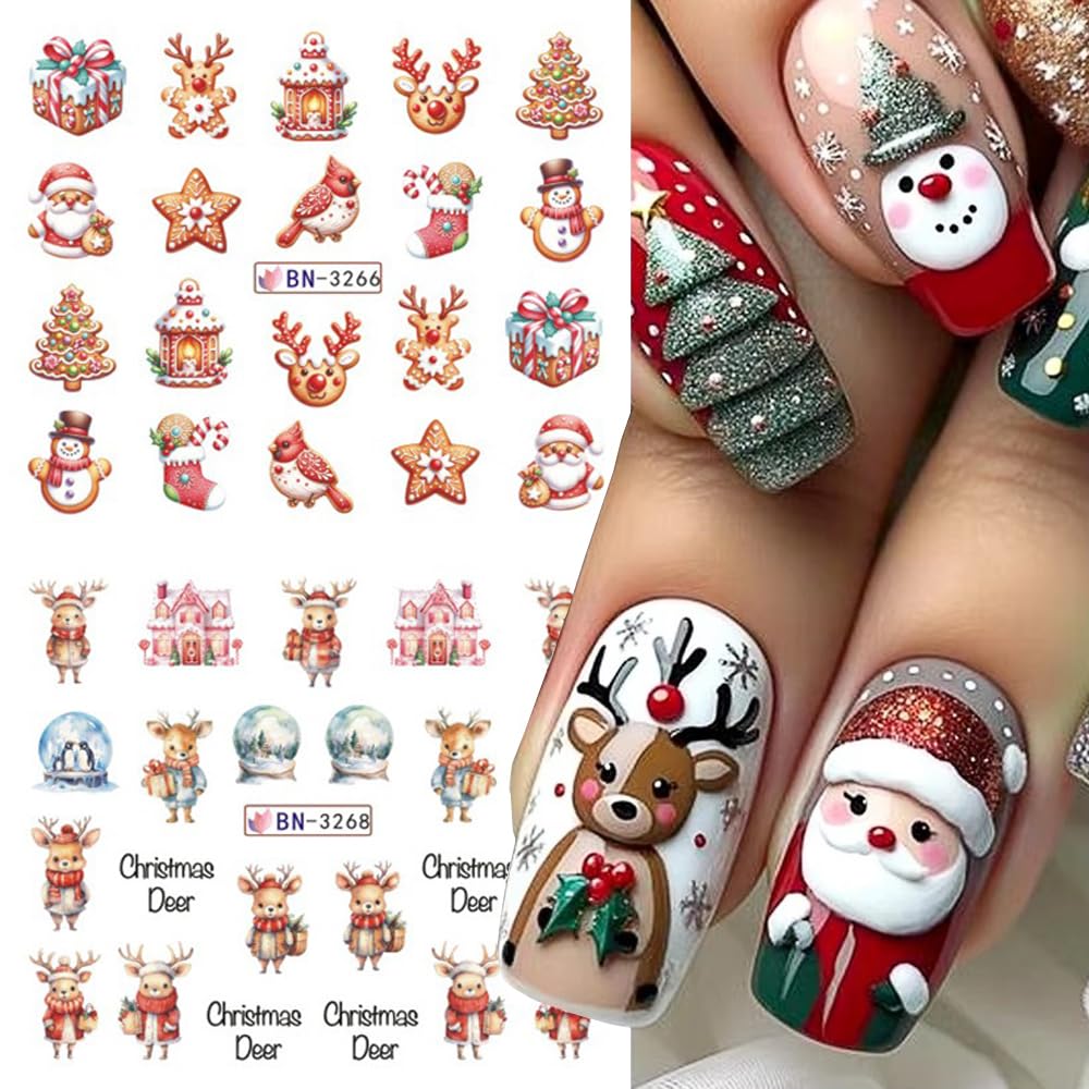 12 Sheets Christmas Nail Art Stickers Winter Snowflake Snowman Water Transfer Nail Decals Xmas Tree Santa Claus Penguin Gingerbread Man Design Acrylic Nail Foils for Women Kids DIY Holiday Nail Decor-BrightBean Baby