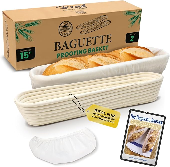 15 Inch Baguette Proofing Basket Set of 2 with Cotton Liners & Baguette Recipe eBook- Handcrafted Natural Rattan Banneton Bread Proofing Baskets for Sourdough- French Bread & Dough Rising