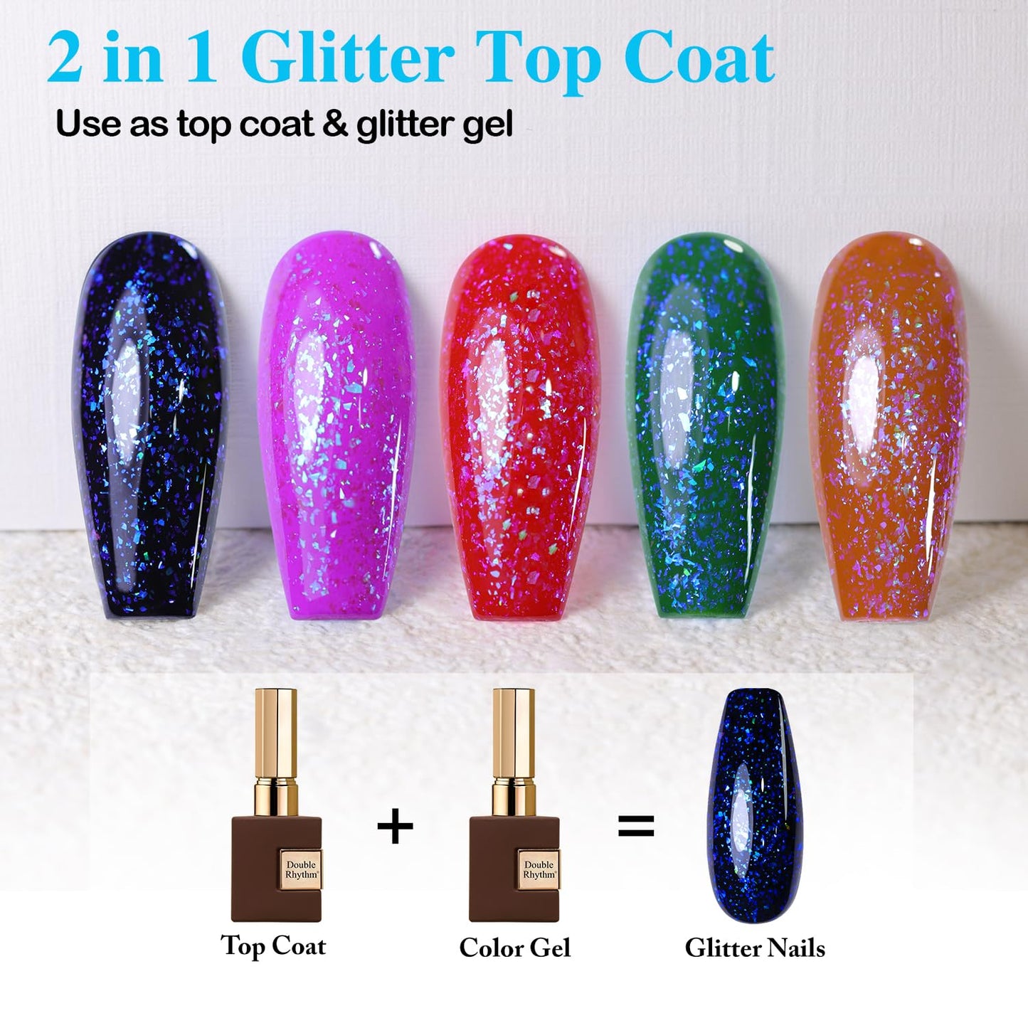Double Rhythm 15ML No Wipe Gel Top Coat Base Coat Iridescent Glitter Shimmer 2 in 1 Nail Polish Soak Off Manicure DIY Home Salon (AURORA TOP COAT 5)-BrightBean Baby