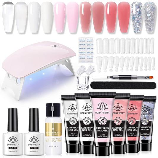 BORN PRETTY Poly Nail Extension Gel Kit-6 Colors Poly Nails Gel Kit Nude Clear Jelly Pink All In One Kit Builder Glue Gel with Nail Lamp Base Top Coat Set Nail Forms French Manicure Set for Beginner Starter DIY at Home Mother's Day Gifts-BrightBean Baby