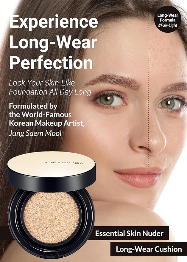 JUNG SAEM MOOL Essential Skin Nuder Longwear Cushion 0.98 Fl Oz (Fair Light), Refill Included, 24H Lasting Cushion Foundation with High Coverage, Semi-Matte Natural Finish, Korean Foundation Makeup-BrightBean Baby