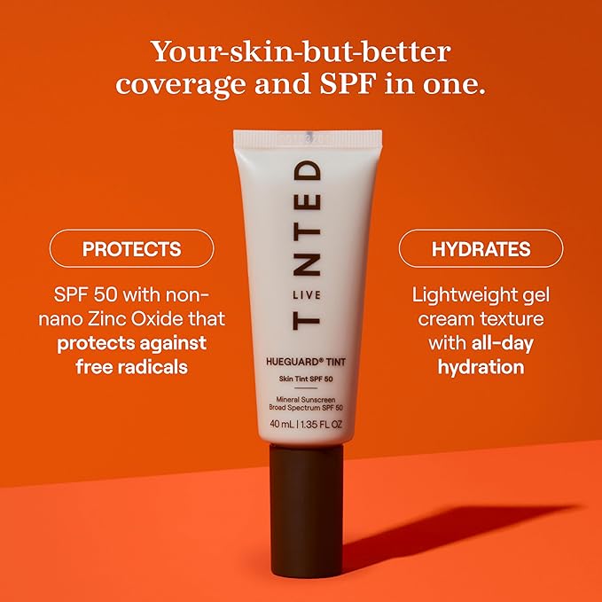 Live Tinted Hueguard Skin Tint SPF 50 - Tinted Mineral Sunscreen with Light-Medium Buildable Coverage With a Hydrating and Radiant Finish - Water and Sweat Resistant, 1.35 fl oz - Shade 08-BrightBean Baby