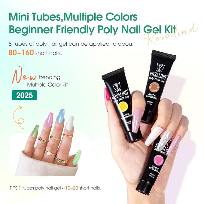 ROSALIND 8PCS Poly Nail Gel Kit with Mini Nail Lamp Clear Nude Poly Nails Gel Kit Starter Kit Nude Pink Nail Extensions Gel Set-BrightBean Baby