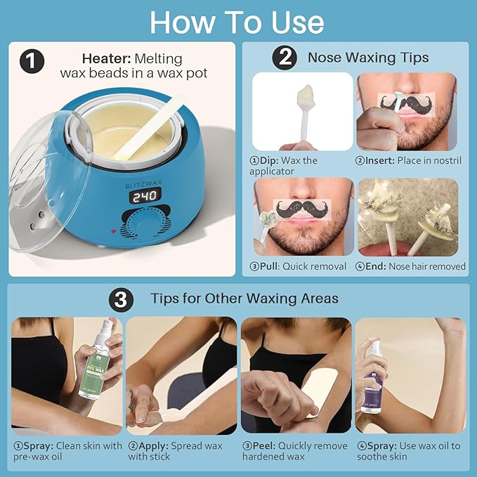 BLITZWAX Back and Nose Waxing Kit for Men, Hard Wax Warmer for Brazilian, Body and Face, At Home Hair Removal Kit, Beginner Friendly, Quick Heating, 93 Accessories, Royal Blue-BrightBean Baby