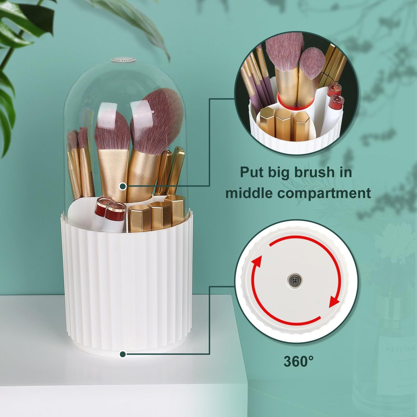 JessLab Makeup Brush Holder Organizer with Lid, 360 Degree Rotatable Makeup Brush Organizer Spinning Cosmetics Holders Brush Storage Box Display for Bathroom Vanity Countertop, White-BrightBean Baby