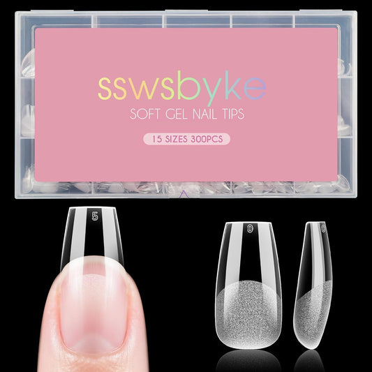 Medium Coffin Nail Tips, SSWSBYKE 300pcs Soft Gel Nail Tips for Full Cover Pre-Shaped Acrylic Fake Nails Tips 15 Sizes Half Matte Press On Nails for Extension Home DIY Salon-BrightBean Baby