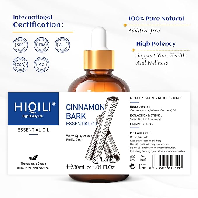 HIQILI Cinnamon Essential Oil for Spary, Diffuser, Garden and Kitchen - 100% Pure Natural - Indoor and Outdoor, 1.01 Fl Oz-BrightBean Baby