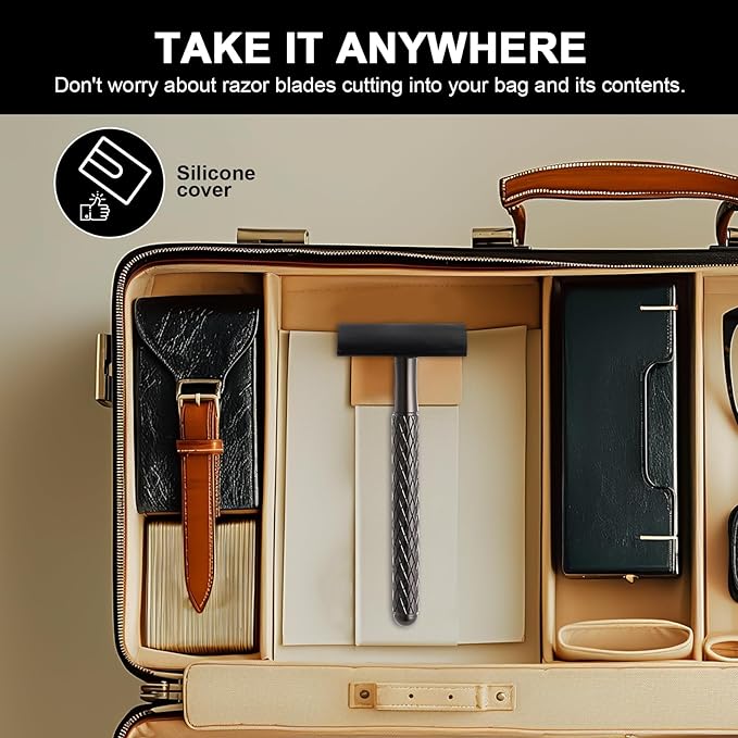 Single Blade Safety Razor for Men with Silicone Cover & 10 Blades Double Edge Safety Razor for Travel Metal Eco-Friendly Reusable Razor for Shaving (Matte Black)-BrightBean Baby