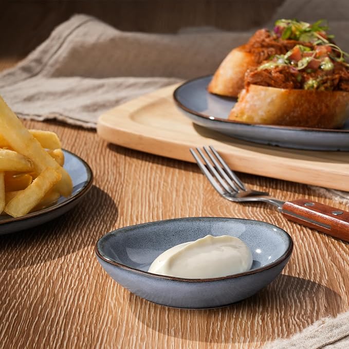 famiware Ocean Soy Sauce Dishes of 6, Oval Dipping Sauce Cups/Bowls/Dishes for Kitchen, 2.1oz Ceramic Small Bowls for Side Dish, Appetizers, Snacks, and Sushi, Reactive Glaze, Dishwasher Safe, Blue